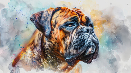 Portrait of mastiff dog. Colorful watercolor painting illustration. - obrazy, fototapety, plakaty