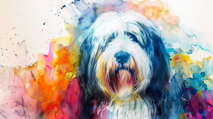 Portrait of Old English Sheepdog dog. Colorful watercolor painting illustration. - obrazy, fototapety, plakaty