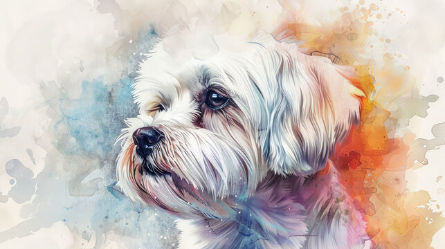 Portrait of maltese dog. Colorful watercolor painting illustration.