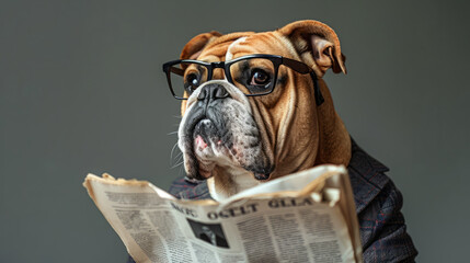 Portrait of bulldog dog wearing suit reading newspaper. Isolated on clean background.