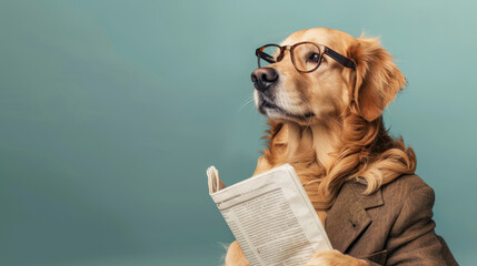 Portrait of golden retriever dog wearing glasses and suit reading newspaper. Isolated on clean background.