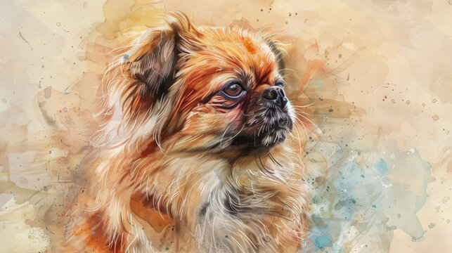 Portrait of Pekingese dog. Colorful watercolor painting illustration.