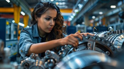 A female worker inspects a complex piece of machinery on a manufacturing floor her precision and attention to detail evident in her focused expression. With a diverse team of men and .