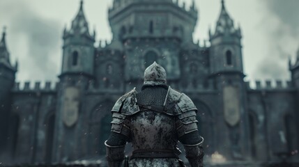 A lone knight back to the camera stands in front of a large and ornate castle. armor is worn and dirty evidence of fierce . . - obrazy, fototapety, plakaty