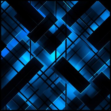 blue squares on a black background, in the style of radiant neon patterns, geometric shapes patterns, dynamic designs