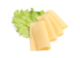 Slices of tasty fresh cheese and lettuce isolated on white