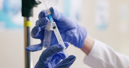 Hospital, IV drip and hands of nurse with syringe for medicine, infusion and medication dose for patient. Healthcare, clinic and closeup of doctor with liquid for treatment, sickness and medical care