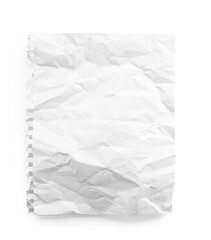 Crumpled blank notebook sheet isolated on white, top view