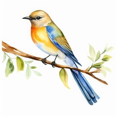 A delicate watercolor illustration showcasing a vibrant bird perched gracefully on a tree branch, highlighted by soft hues and intricate detail.