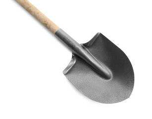 One new shovel with wooden handle isolated on white. Gardening tool
