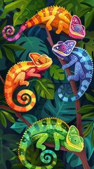Vivid illustration of three colorful chameleons blending into the lush tropical foliage, showcasing nature's art of camouflage.
