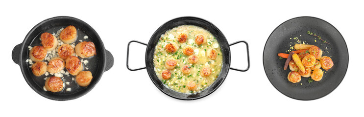 Set with delicious fried scallops isolated on white, top view