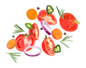 Fresh vegetables and herbs in air on white background