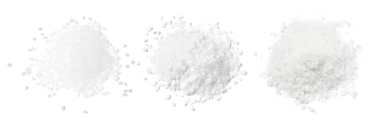 Set with piles of natural salt isolated on white, top view