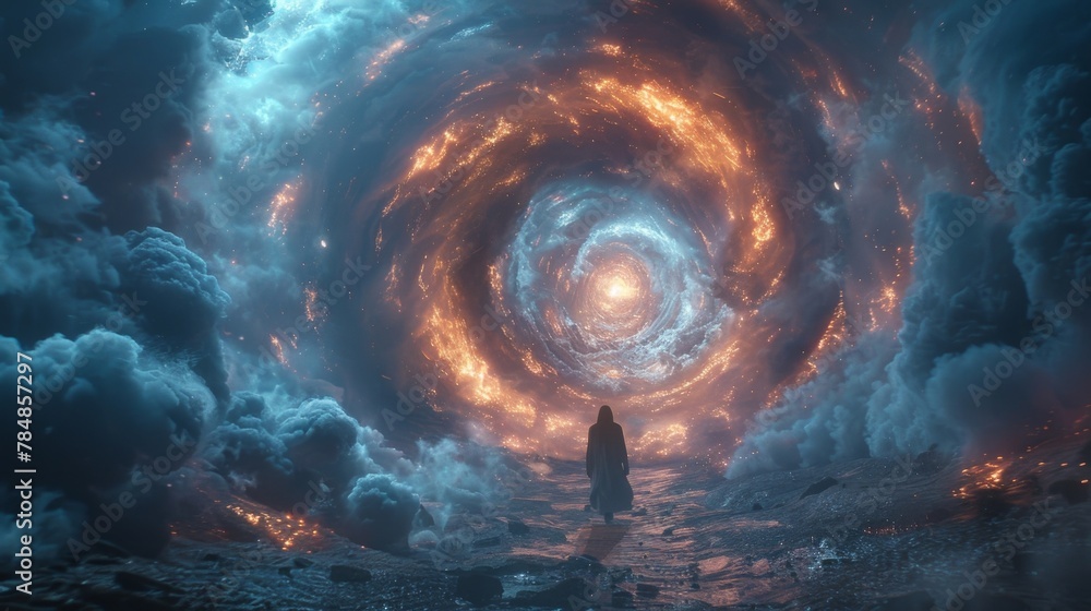Poster a scifi movie scene in which a character is able to travel between different dimensions via a swirli