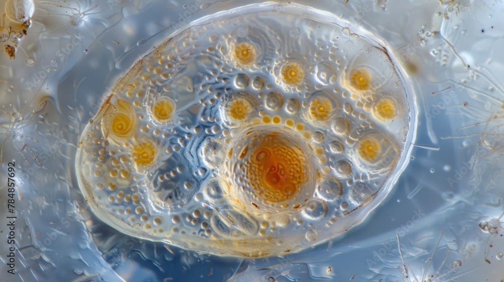 Wall mural A highresolution image of a rotifer egg its spherical shape encased in a protective coat and filled with developing embryos representing