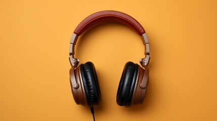 Aerial view of headphones against a brown background