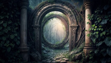 Mysterious and mysterious tunnel in the woods. Fantasy landscape.