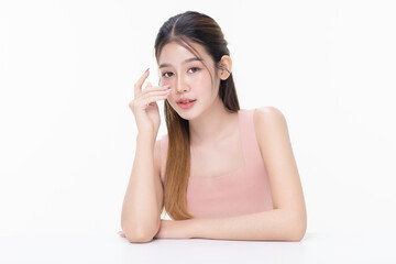 Portrait young Asian beautiful woman with K-beauty make up style and healthy and perfect skin isolated on white background for skincare commercial product advertising.