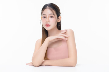 Portrait young Asian beautiful woman with K-beauty make up style and healthy and perfect skin isolated on white background for skincare commercial product advertising.