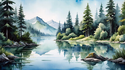 Watercolor painting of a mountain lake in the forest