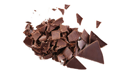 Pile chopped, milled chocolate shavings isolated on transparent, top view - obrazy, fototapety, plakaty