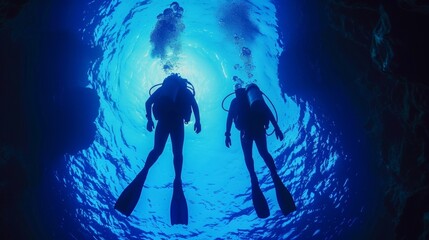 Two divers in full scuba gear cautiously make way towards the vortex silhouettes against the vibrant blue hues of the . .
