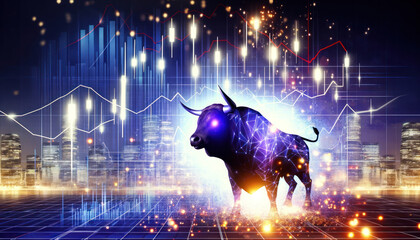 powerful bull symbolizing a booming stock market, with a backdrop of soaring financial graphs and digital connections