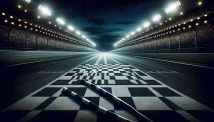 empty race track at night, with a focus on the finish line. The scene is illuminated by bright stadium lights,