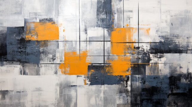 abstract painting featuring orange and black squares, in the style of dark indigo and gray, abstract whispers, white and bronze, abstract expressionist ink