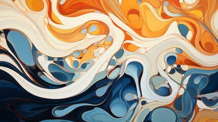 abstract orange, blue, and yellow pattern, in the style of art nouveau organic flowing lines, dark navy and light beige - obrazy, fototapety, plakaty
