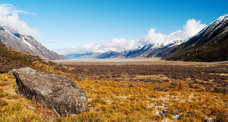 Landscape views of the Southern Alps mountains and valleys on the South Island of New Zealand