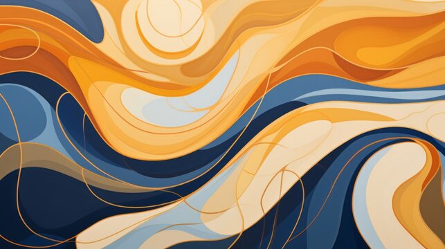 abstract orange, blue, and yellow pattern, in the style of art nouveau organic flowing lines, dark navy and light beige
