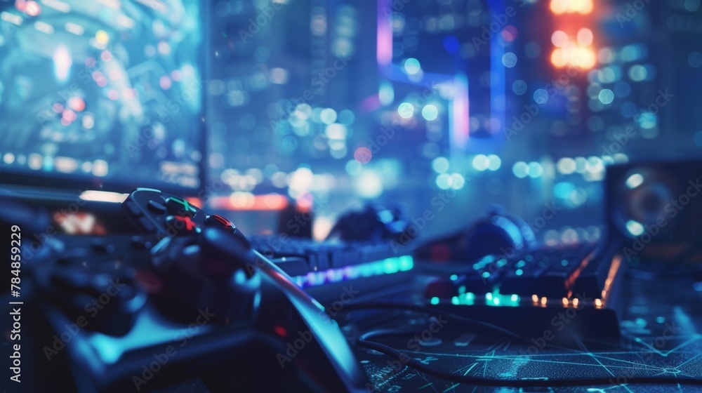 Poster the defocused esport background features an energetic scene with outoffocus gaming gadgets filling t