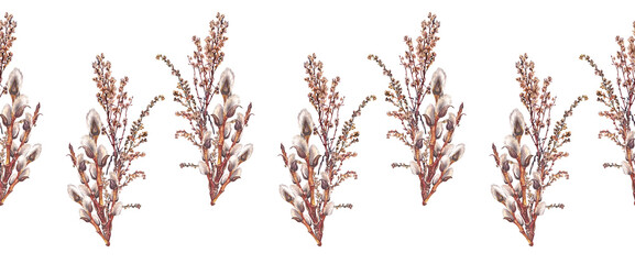 Seamless rim with watercolor willow on white background. Hand-drawn brown branch herb for spring Easter decor. Botanical antique bouquet illustration for wallpaper and florist. Nature border pattern