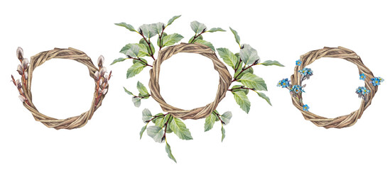 Set with watercolor wreath with willow and green leaves isolated on white background. Hand-drawn branch herb for spring Easter decor with copy space. Botanical bouquet for wallpaper. Nature clipart
