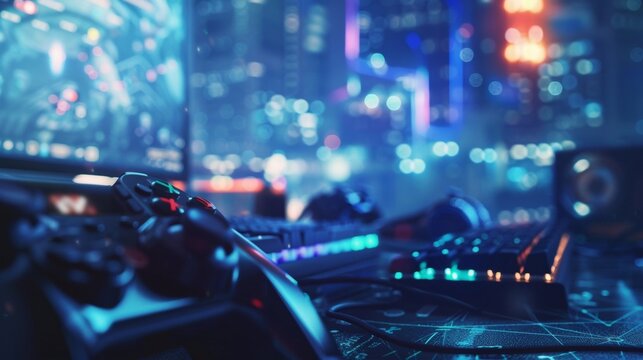 The Defocused eSport Background features an energetic scene with outoffocus gaming gadgets filling the frame creating a captivating visual display. From console controllers to digitallyenhanced .