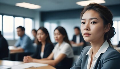 Professional, confident Asian business woman in office meeting room	