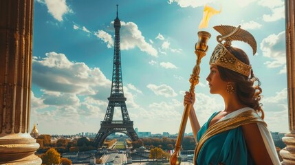 woman dressed as a Roman soldier with the Olympic torch - obrazy, fototapety, plakaty