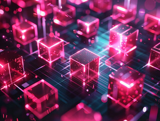 A bold and vivid background featuring isometric 3D blockchain cubes in hot pink glowing intensely against a dark