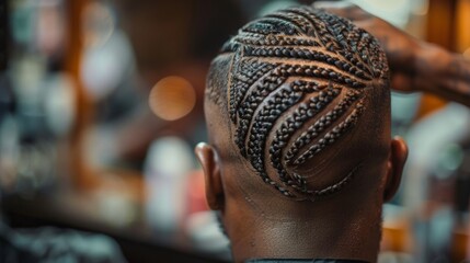 A barber is captured in the midst of creating a mesmerizing braided design on a clients head. The intricate patterns and attention to detail showcase the level of creativity and skill .