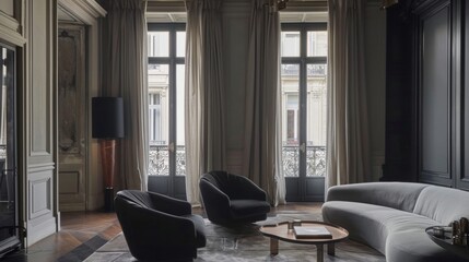 The windows are dd in heavy black velvet curtains their folds pooling gracefully on the floor. The soft material gives the room a sense of intimacy and secrecy while also blocking .