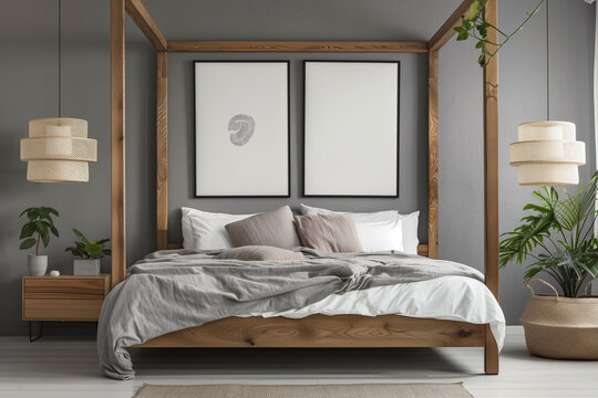 Scandinavian interior design of modern bedroom. Natural wood bed and bedside cabinets against wall with two poster frames.