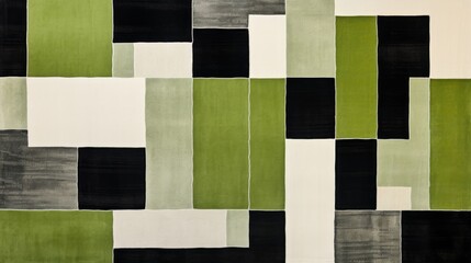 abstract area rug with green, black and white squares, in the style of color-blocked shapes, allover composition, imitated material