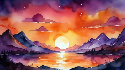 Gardinen Watercolor illustration of a sunset over the sea and mountains with clouds © Fitrah