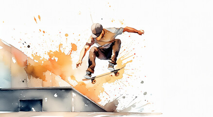 Skater mid-air against a vibrant cityscape, depicted in dynamic watercolor strokes - 784861045