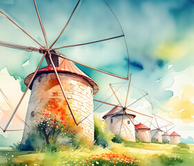 Serene watercolor of windmills in a lush landscape, blending nature’s tranquility with rustic charm - 784861049