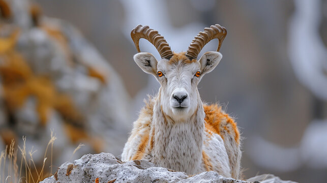 Majestic Markhor: A close-up capture of a male Markhor showcasing its impressive coiled horns, native to the Karakoram and Himalayan regions of Central Asia