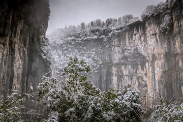 Panorama of gorge valley and karst limestone rock formations in Wulong, China