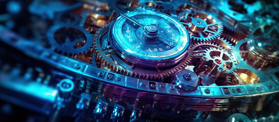 old technology and new using computer circuits and old machine cogs - obrazy, fototapety, plakaty